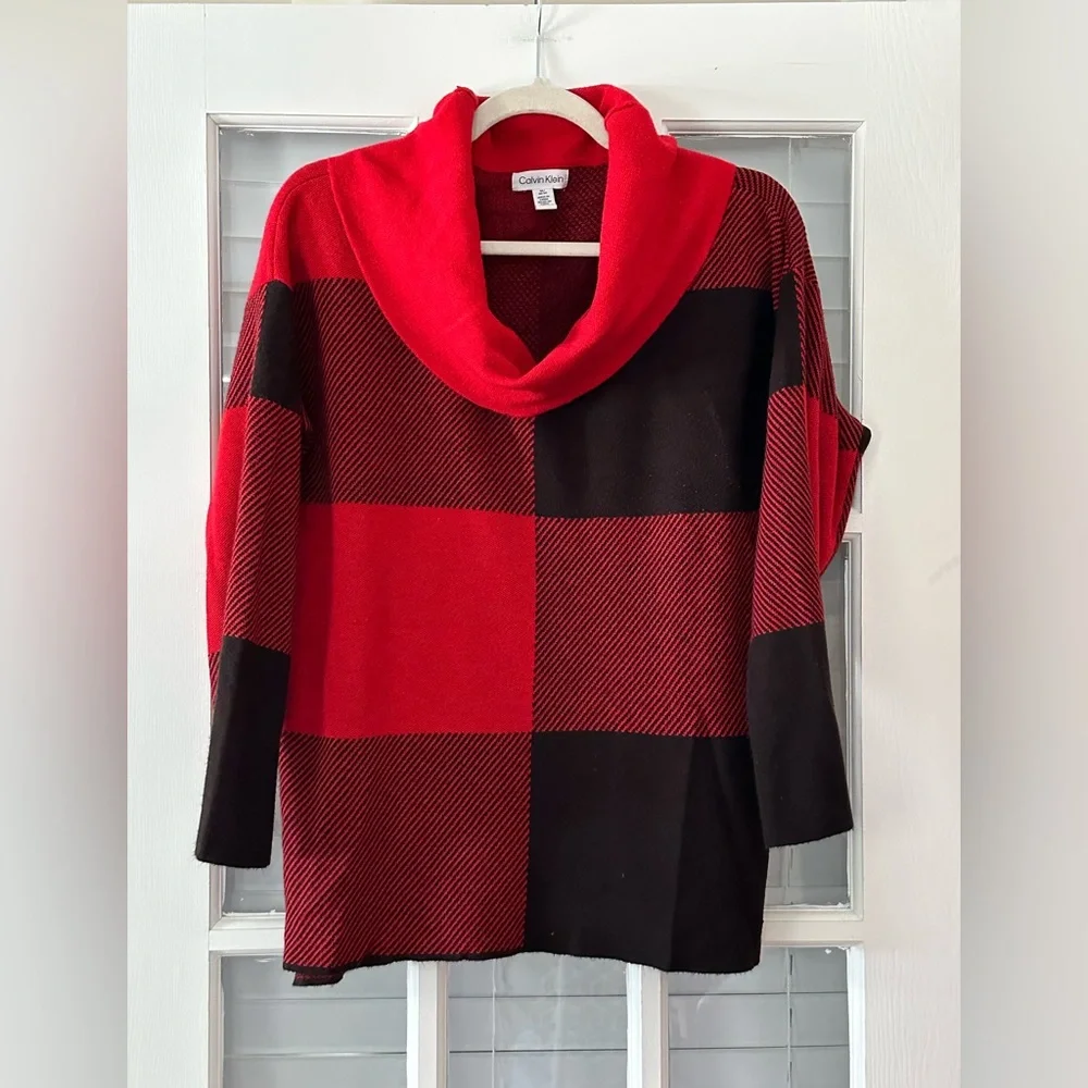 Calvin Klein Women’s M Cowl Neck Red & Black Oversize Sweater | SKU 0538